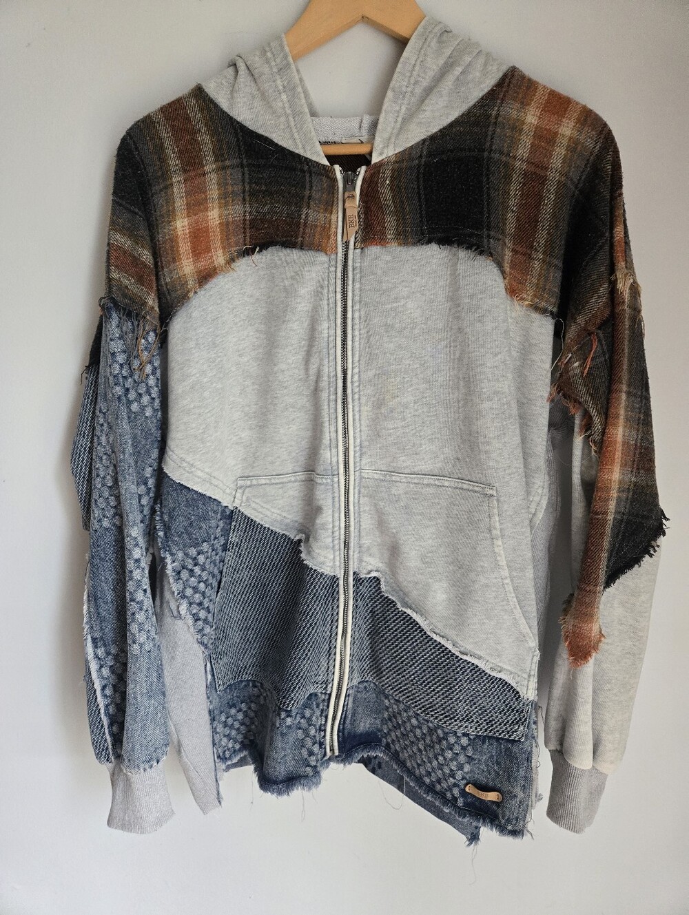BKE Patchwork Hooded Zip Jacket - Gray, Brown & Denim Blue
